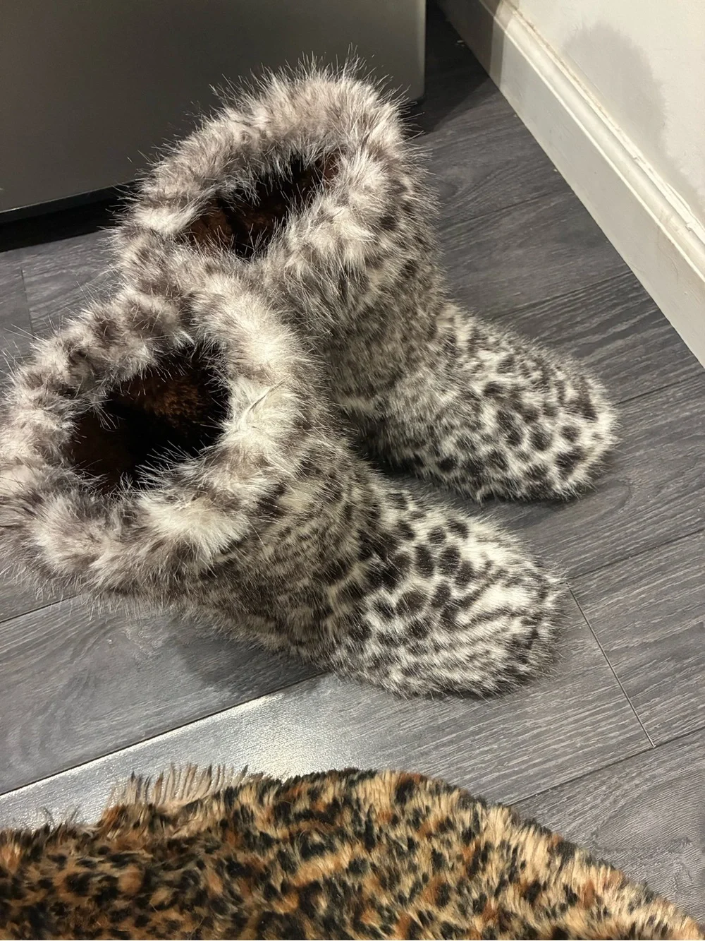 Fashion Nova Leopard Print Faux Fur Ankle Booties in Brown and White